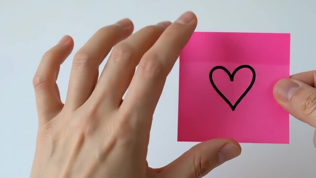 A person holding a pink sticky note with a heart drawn on it