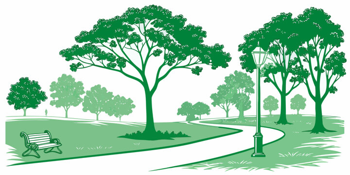 a green park with trees and a walking path Vector