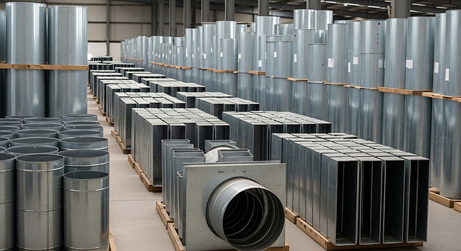 Industrial warehouse storage of metal ventilation ducts and pipes.