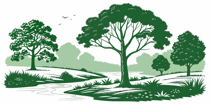 a group of trees in a field with grass Vector
