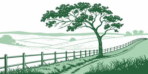 a tree stands beside a fence in a rural landscape Vector © zon