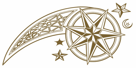 a golden compass with stars and a crescent moon Vector © zon