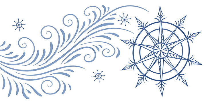 a blue floral design with a compass on a white background Vector