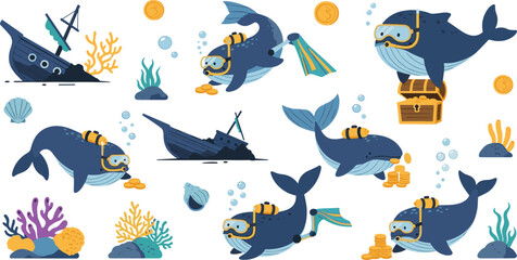 Cute scuba diver whale characters exploring underwater shipwreck treasure coins coral reef ocean adventure playful cartoon vector illustration set © MdNipon