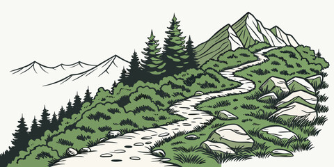 a green hillside with trees and a mountain range Vector © zon