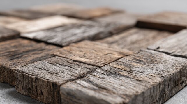 Rustic Wood Block Mosaic Texture Close-Up, Showing Weathered Surface, Ideal for Backgrounds and Textures