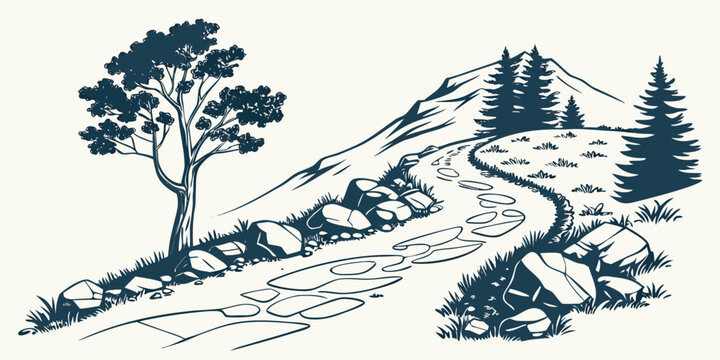 a mountain landscape with a tree and a winding path Vector