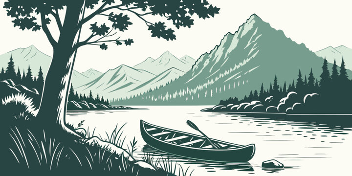 a serene lake scene with a tree and a canoe Vector