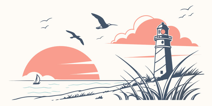 a lighthouse on a rocky shore at sunset Vector