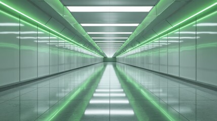 Fototapeta premium Futuristic Empty Corridor with Green Neon Lights, Modern Interior Design, and Reflective Floor
