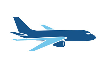 Blue airplane silhouette icon for travel and transportation concepts