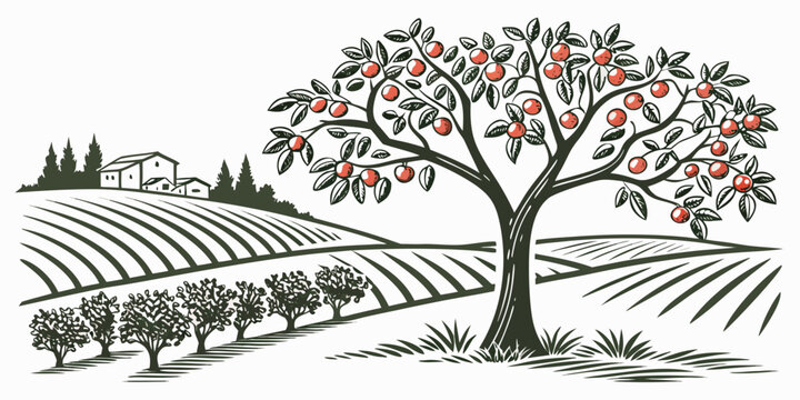 an apple tree in a vast orchard landscape Vector