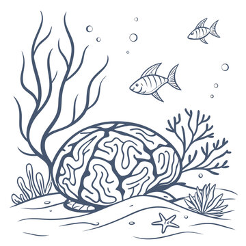 brain sitting on the ocean floor with fish Vector