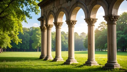 Obraz premium Stone arches on a green lawn, with trees receding into the distance under a sunny sky