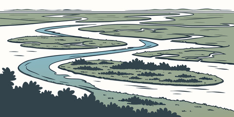 aerial view of a river delta with islands and waterways Vector © zon