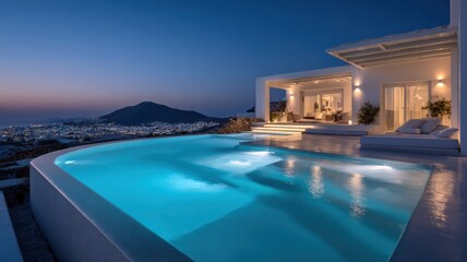 Fototapeta premium Luxury Villa with Infinity Pool Overlooking Mykonos at Dusk, Featuring Modern Architecture and Serene Ambiance