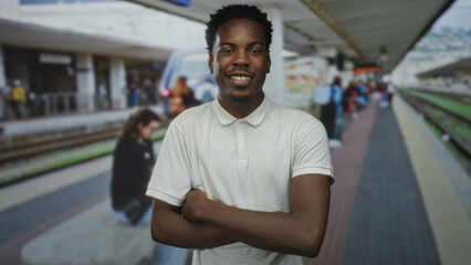 Fototapeta premium Man with crossed arms and serious gaze in front of a stationary passenger train by a modern building entrance; rejection.