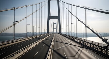 Obraz premium Modern gray suspension bridge highway with towering cables over blue water leading to distant city skyline