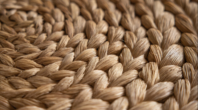 Close up of authentic woven natural fiber mat showing detailed texture and reality of handcrafted design in warm brown tones