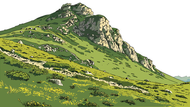 a large green mountain with yellow flowers on its side Vector