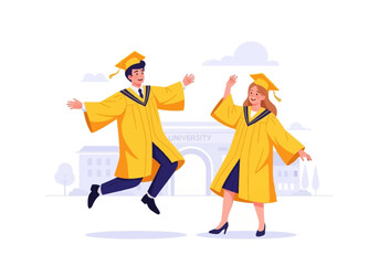 Fototapeta premium happy graduates in yellow gowns celebrating.