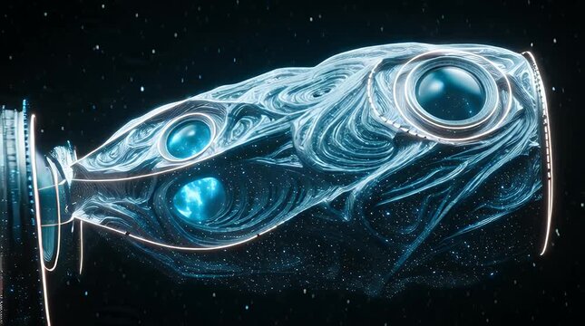 Abstract futuristic sculpture of a cosmic whale glowing with internal nebula light and swirling energy patterns against a dark starry space background