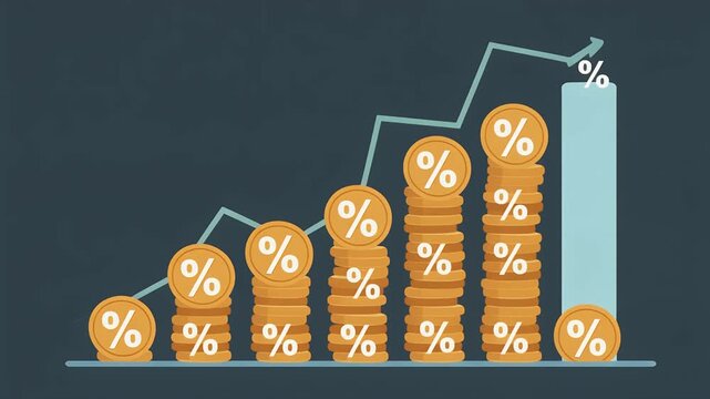 Increasing percentage graph shows rising data with stacked coins and line chart on digital screen