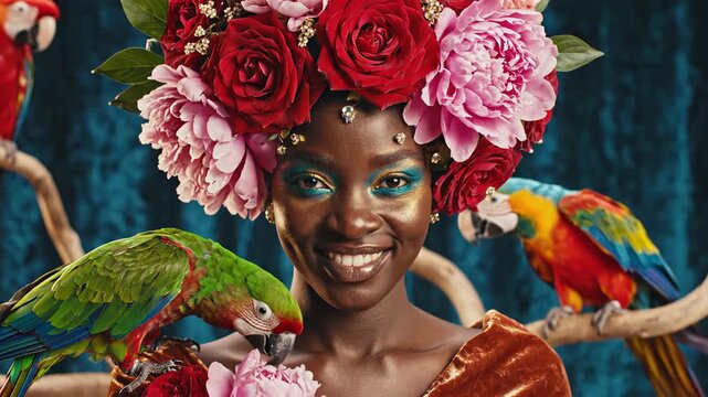 Woman Wearing Flower Crown with Macaws Around Her