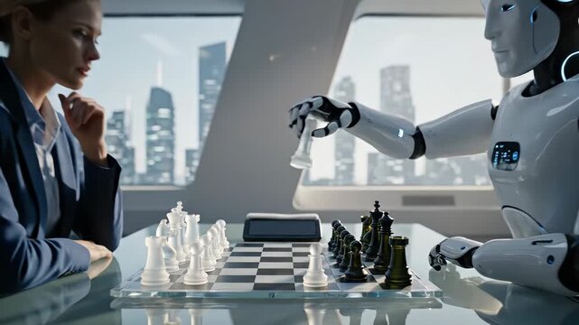 Woman Plays Chess Against Futuristic Robot in Modern Office