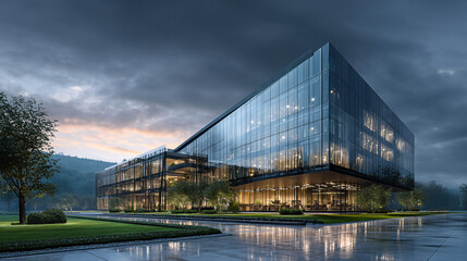 Modern Glass Office Complex at Sunset, Reflective Design, Park View, Dramatic Sky