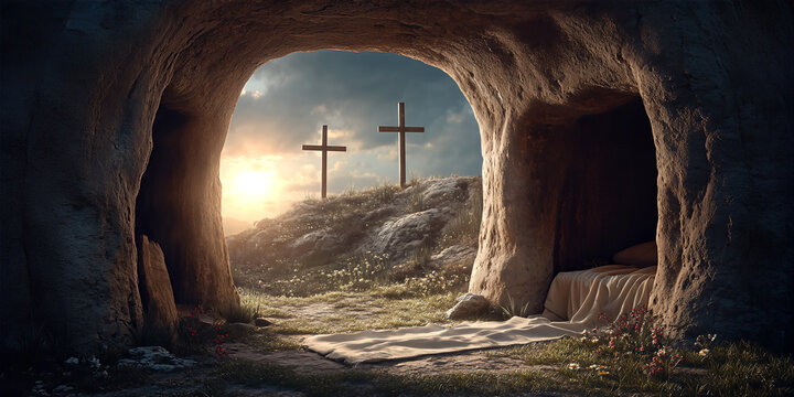 Empty Tomb at Sunrise: Easter Scene with Linen, Crosses, and Jesus Christ's Body on Ancient Hill