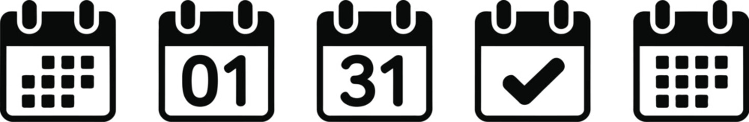Set of black calendar vector icons showing various dates including number one thirty one check mark and monthly grid patterns. © Sumaiya
