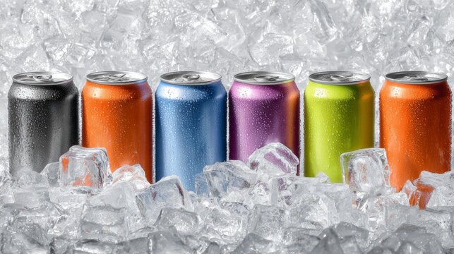 Cool drinks in cans sit on ice cubes, set against a white backdrop.
