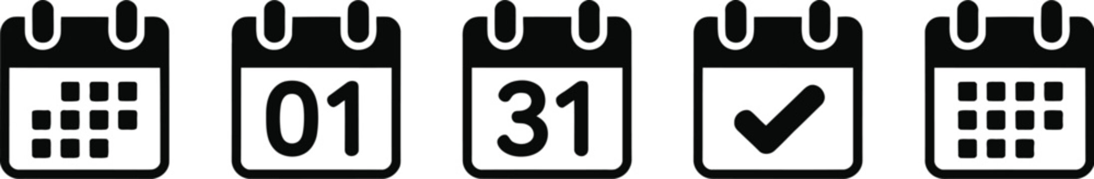 Set of black calendar vector icons showing various dates including number one thirty one check mark and monthly grid patterns.