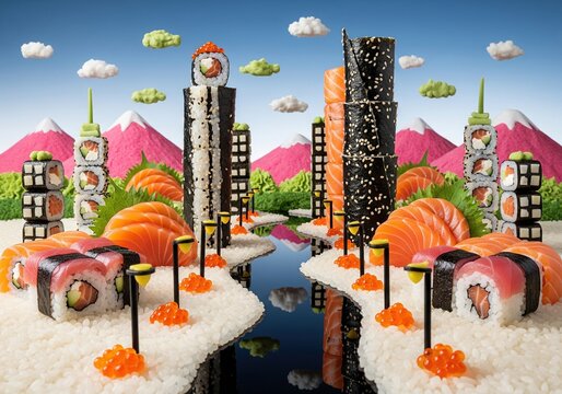 Miniature city built from sushi rolls salmon sashimi and rice islands with pink mountains