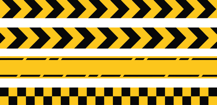 Set of yellow and black hazard warning tapes featuring chevron stripes checkered patterns and caution lines for industrial safety borders.