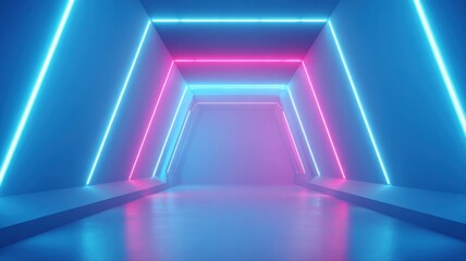 Fototapeta premium Futuristic Neon Lit Tunnel: Geometric Light Installation with Pink and Blue Glowing Accents, Modern Abstract Design