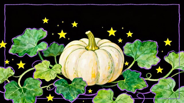 White pumpkin with green leaves and stars