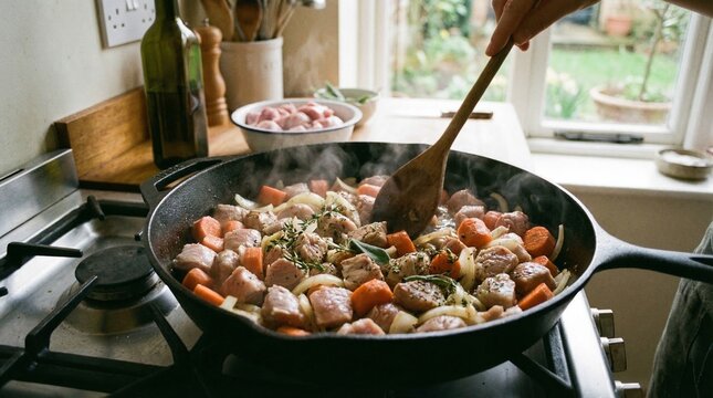 A cast iron skillet filled with saut&eacute;ed pork chunks and diced carrots cooking on a kitchen stove