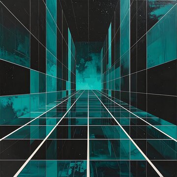Teal-toned tunnel with gridlines fading into a starry, cloudy distance, creating an atmospheric perspective