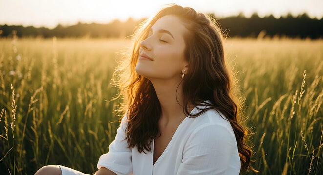 Serene young woman with closed eyes enjoying the golden hour sunlight in a peaceful grassy field.