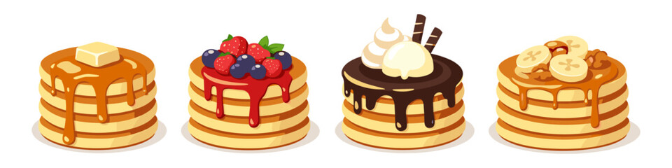 Four delicious stacks of pancakes with various toppings including berries, chocolate, and banana