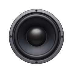 Close up of a black speaker cone with a dark grey textured surround and silver screws against a dark grey background