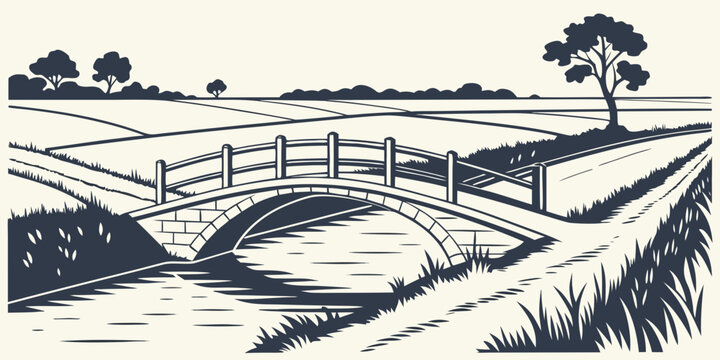 a small bridge over a canal in a rural landscape Vector
