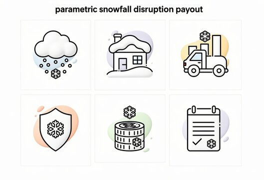 Creative parametric snowfall disruption payout icons illustrating weather impact, insurance solutions, logistics management, and financial assessment in a snow themed graphical style