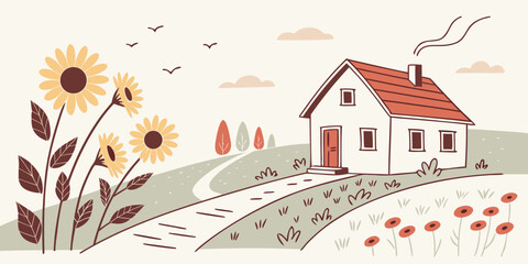 a white house with a red roof and sunflowers Vector © RABBY