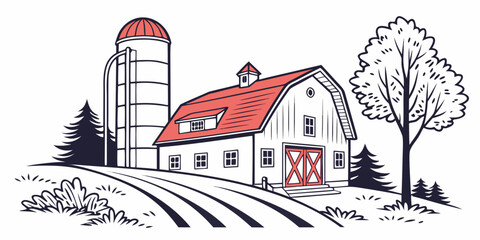 a white barn with a red roof and a silo Vector © RABBY