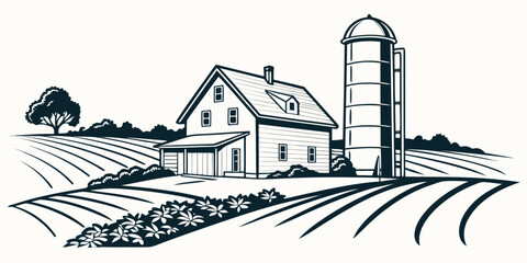 a farm with a barn and silo in a rural setting Vector © RABBY