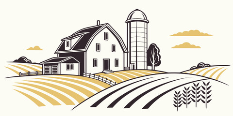 a farm with a barn and silo in a rural setting Vector © RABBY