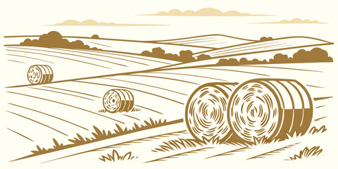 a brown illustration of hay bales in a field Vector © RABBY